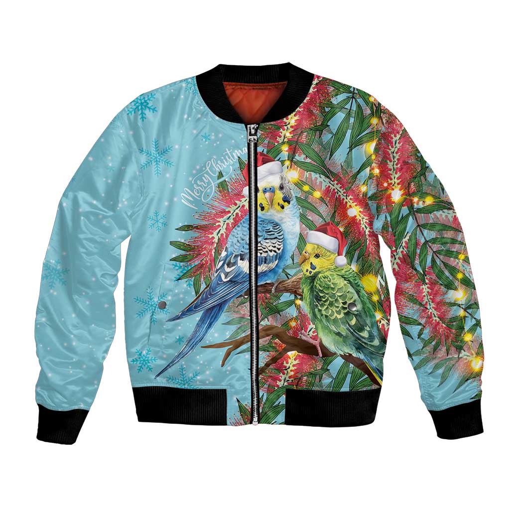Blue Budgies on Callistemon Bomber Jacket Merry Christmas Aussie - Aussie Hoodie