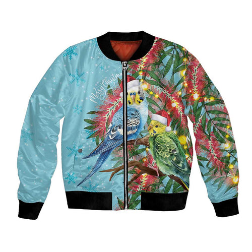 Blue Budgies on Callistemon Bomber Jacket Merry Christmas Aussie - Aussie Hoodie