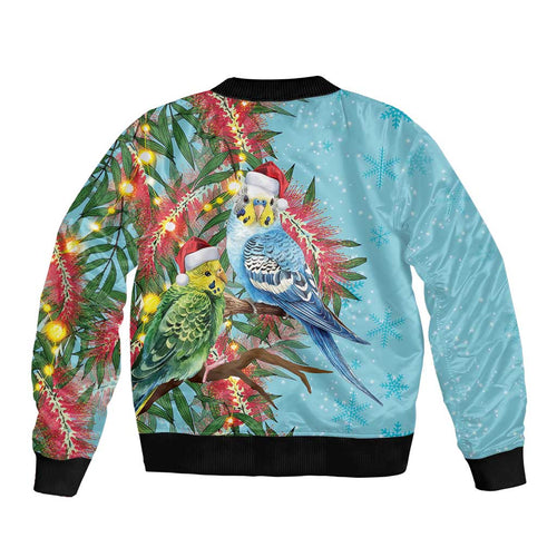 Blue Budgies on Callistemon Bomber Jacket Merry Christmas Aussie - Aussie Hoodie