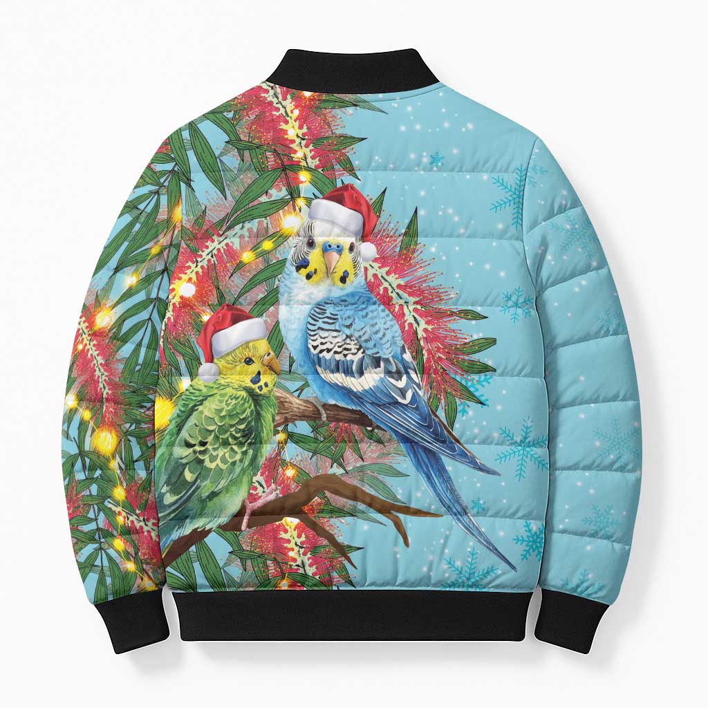 Blue Budgies on Callistemon Bomber Puffer Jacket Merry Christmas Aussie - Aussie Hoodie