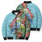 Blue Budgies on Callistemon Bomber Puffer Jacket Merry Christmas Aussie - Aussie Hoodie