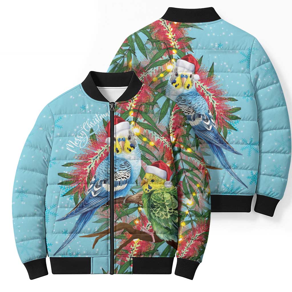 Blue Budgies on Callistemon Bomber Puffer Jacket Merry Christmas Aussie - Aussie Hoodie