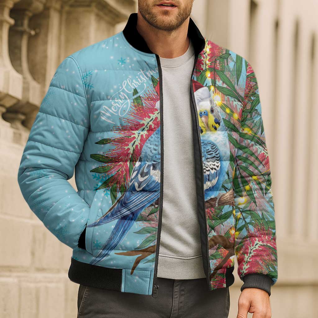 Blue Budgies on Callistemon Bomber Puffer Jacket Merry Christmas Aussie - Aussie Hoodie