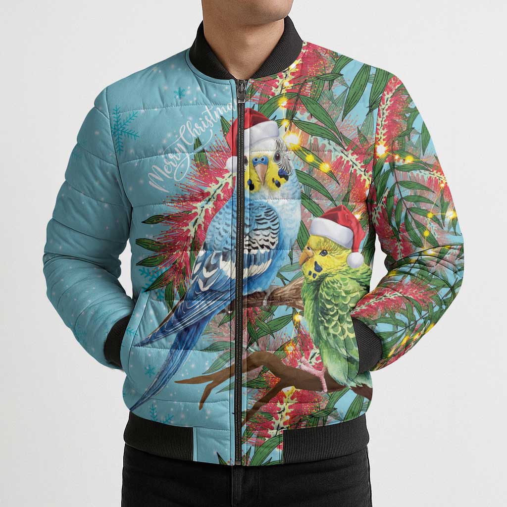 Blue Budgies on Callistemon Bomber Puffer Jacket Merry Christmas Aussie - Aussie Hoodie