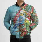Blue Budgies on Callistemon Bomber Puffer Jacket Merry Christmas Aussie - Aussie Hoodie