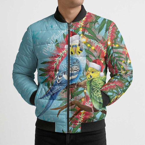 Blue Budgies on Callistemon Bomber Puffer Jacket Merry Christmas Aussie - Aussie Hoodie