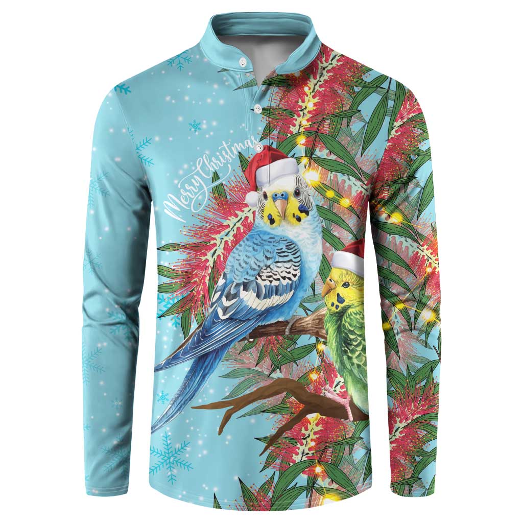 Blue Budgies on Callistemon Button Sweatshirt Merry Christmas Aussie - Aussie Hoodie