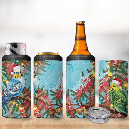Blue Budgies on Callistemon 4 in 1 Can Cooler Tumbler Merry Christmas Aussie - Aussie Hoodie