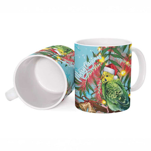 Blue Budgies on Callistemon Ceramic Mug Merry Christmas Aussie - Aussie Hoodie