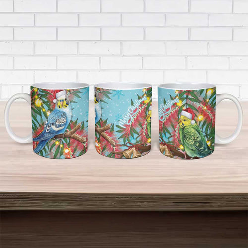 Blue Budgies on Callistemon Ceramic Mug Merry Christmas Aussie - Aussie Hoodie