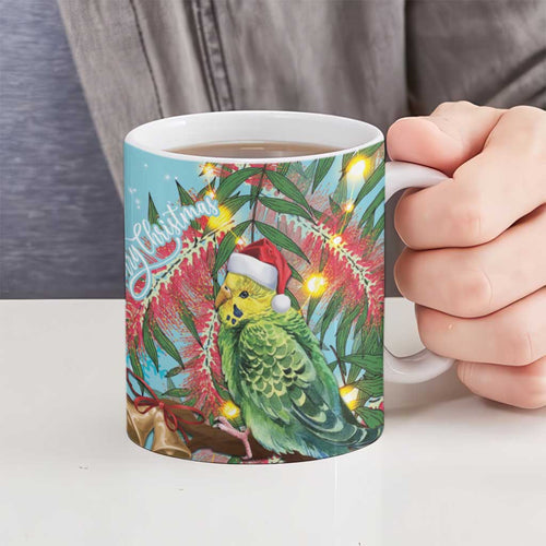 Blue Budgies on Callistemon Ceramic Mug Merry Christmas Aussie - Aussie Hoodie