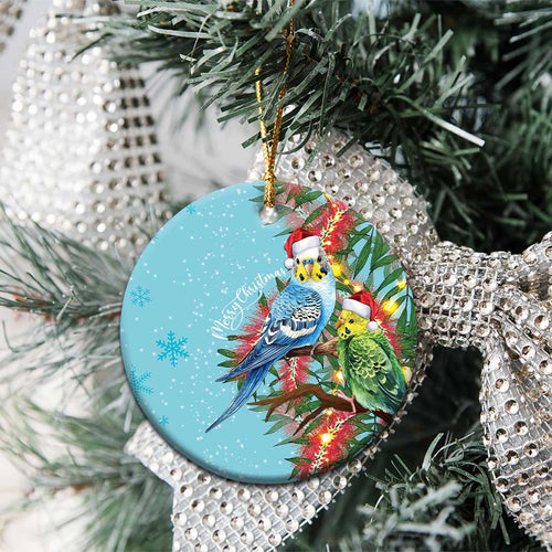 Blue Budgies on Callistemon Ceramic Ornament Merry Christmas Aussie - Aussie Hoodie