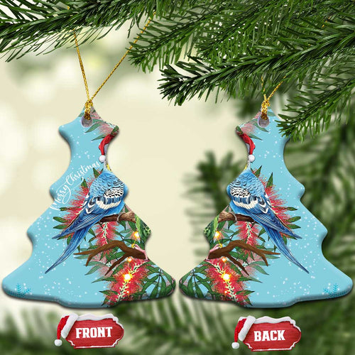 Blue Budgies on Callistemon Ceramic Ornament Merry Christmas Aussie - Aussie Hoodie