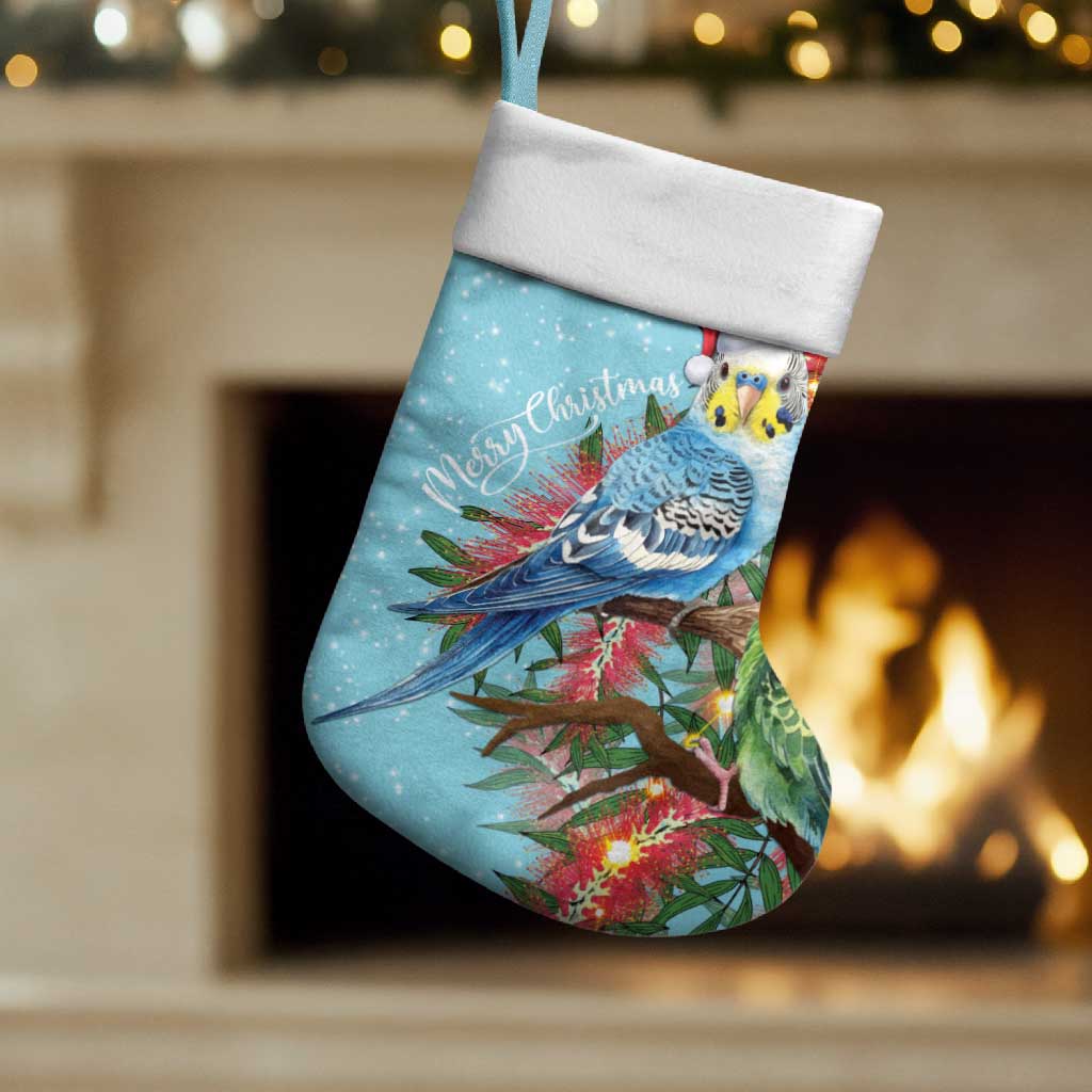 Blue Budgies on Callistemon Christmas Stocking Merry Christmas Aussie - Aussie Hoodie