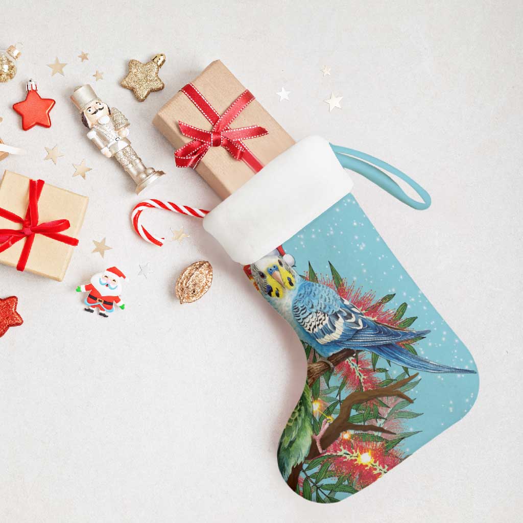 Blue Budgies on Callistemon Christmas Stocking Merry Christmas Aussie - Aussie Hoodie