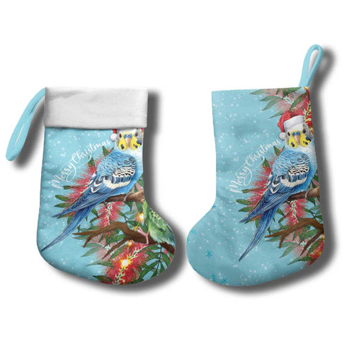 Blue Budgies on Callistemon Christmas Stocking Merry Christmas Aussie - Aussie Hoodie