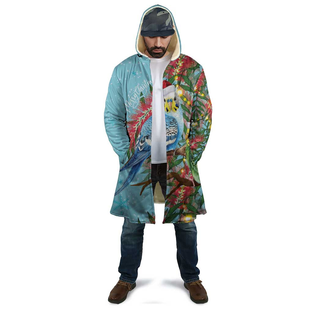 Blue Budgies on Callistemon Cloak Merry Christmas Aussie - Aussie Hoodie