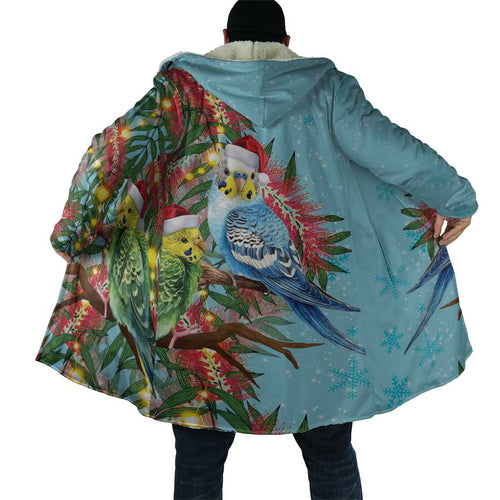 Blue Budgies on Callistemon Cloak Merry Christmas Aussie - Aussie Hoodie