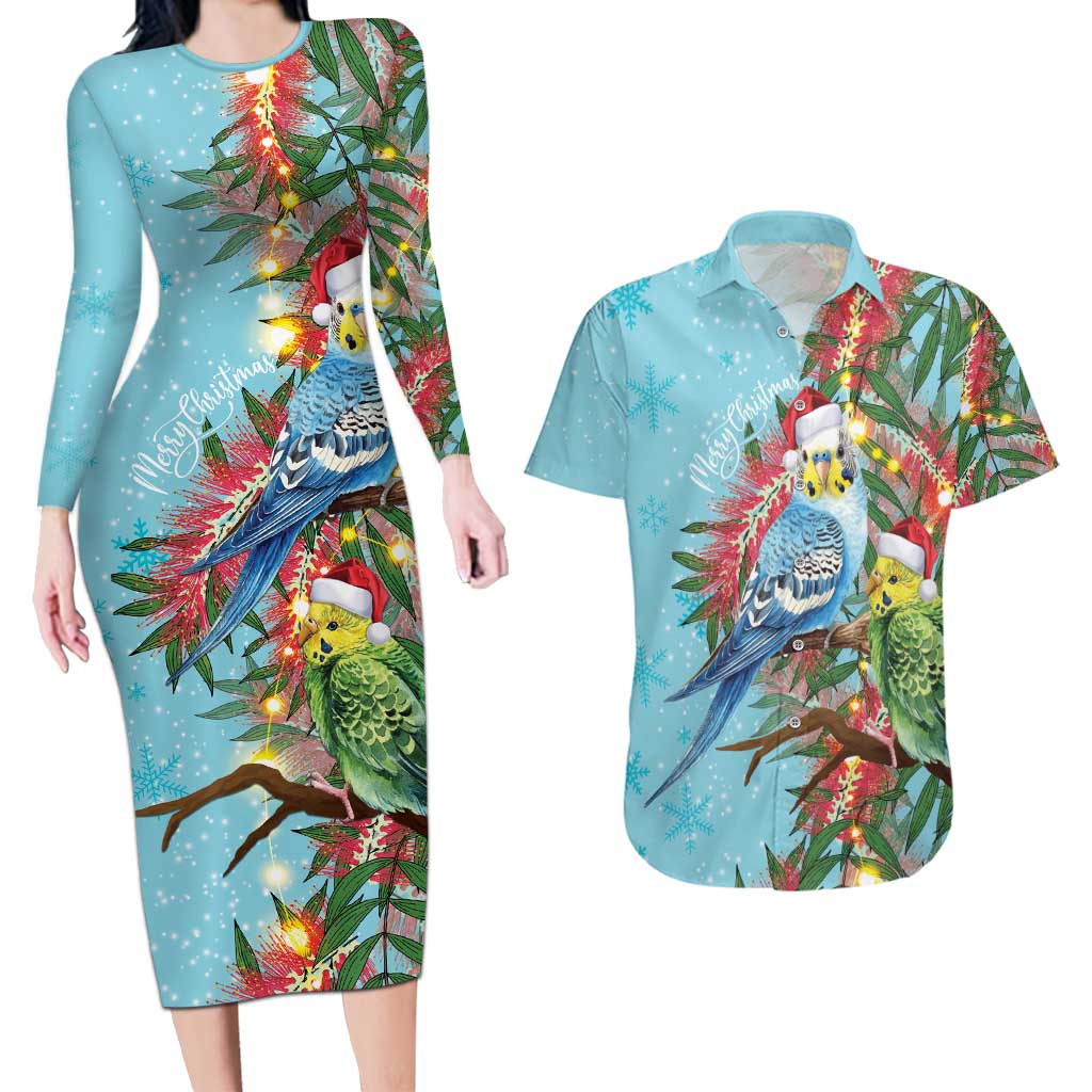 Blue Budgies on Callistemon Couples Matching Long Sleeve Bodycon Dress and Hawaiian Shirt Merry Christmas Aussie - Aussie Hoodie