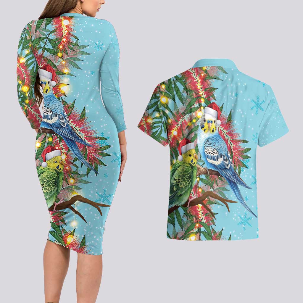 Blue Budgies on Callistemon Couples Matching Long Sleeve Bodycon Dress and Hawaiian Shirt Merry Christmas Aussie - Aussie Hoodie