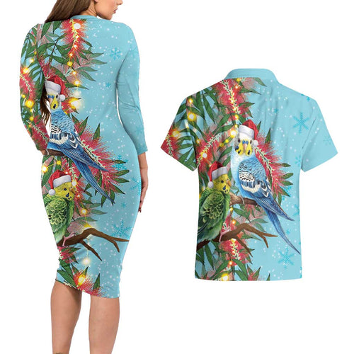 Blue Budgies on Callistemon Couples Matching Long Sleeve Bodycon Dress and Hawaiian Shirt Merry Christmas Aussie - Aussie Hoodie