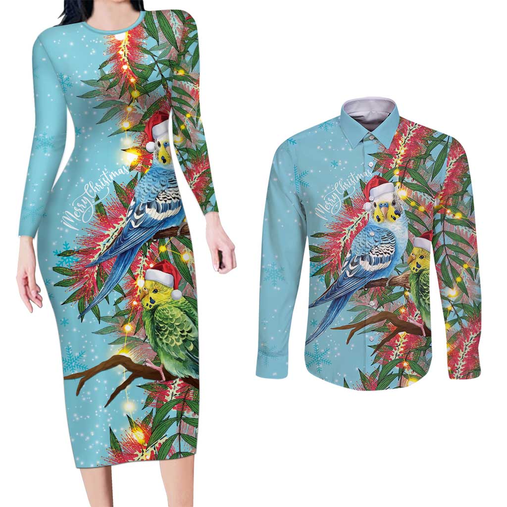 Blue Budgies on Callistemon Couples Matching Long Sleeve Bodycon Dress and Long Sleeve Button Shirt Merry Christmas Aussie - Aussie Hoodie