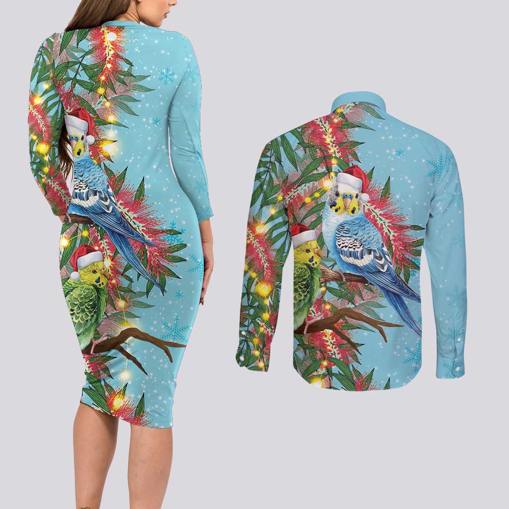 Blue Budgies on Callistemon Couples Matching Long Sleeve Bodycon Dress and Long Sleeve Button Shirt Merry Christmas Aussie - Aussie Hoodie
