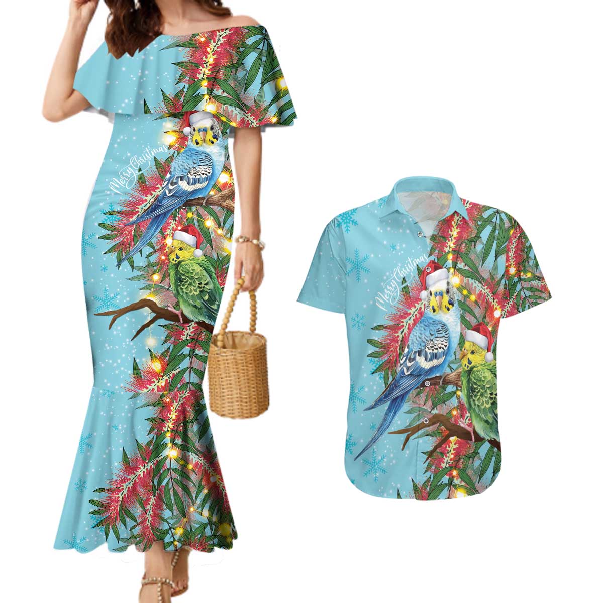 Blue Budgies on Callistemon Couples Matching Mermaid Dress and Hawaiian Shirt Merry Christmas Aussie - Aussie Hoodie