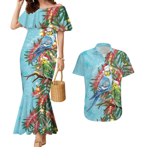 Blue Budgies on Callistemon Couples Matching Mermaid Dress and Hawaiian Shirt Merry Christmas Aussie - Aussie Hoodie