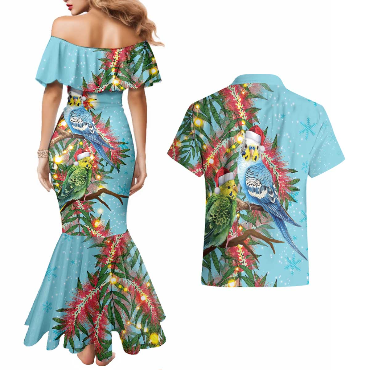 Blue Budgies on Callistemon Couples Matching Mermaid Dress and Hawaiian Shirt Merry Christmas Aussie - Aussie Hoodie