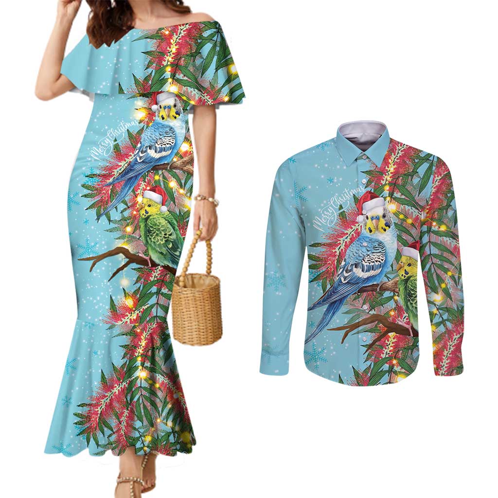 Blue Budgies on Callistemon Couples Matching Mermaid Dress and Long Sleeve Button Shirt Merry Christmas Aussie - Aussie Hoodie