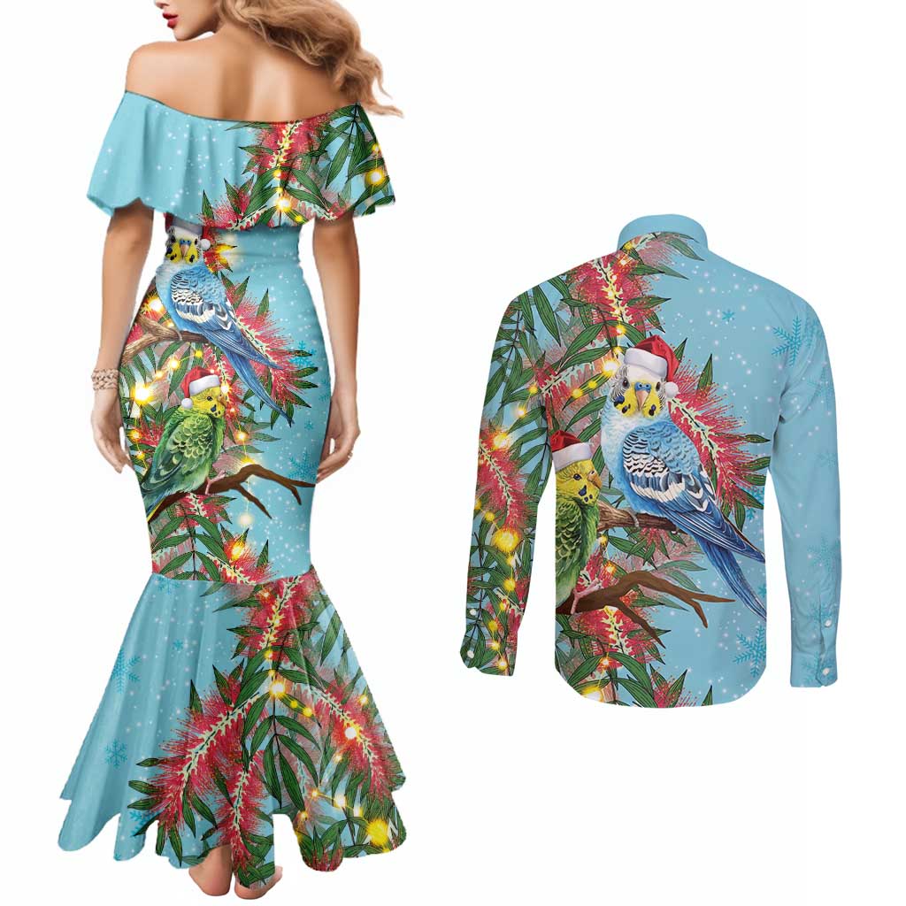 Blue Budgies on Callistemon Couples Matching Mermaid Dress and Long Sleeve Button Shirt Merry Christmas Aussie - Aussie Hoodie