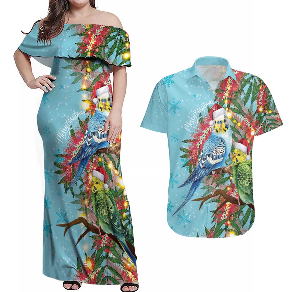 Blue Budgies on Callistemon Couples Matching Off Shoulder Maxi Dress and Hawaiian Shirt Merry Christmas Aussie - Aussie Hoodie