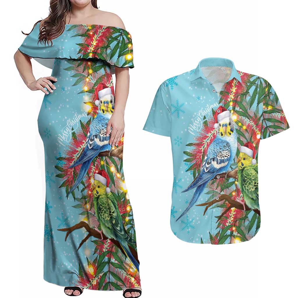 Blue Budgies on Callistemon Couples Matching Off Shoulder Maxi Dress and Hawaiian Shirt Merry Christmas Aussie - Aussie Hoodie