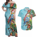 Blue Budgies on Callistemon Couples Matching Off Shoulder Maxi Dress and Hawaiian Shirt Merry Christmas Aussie - Aussie Hoodie