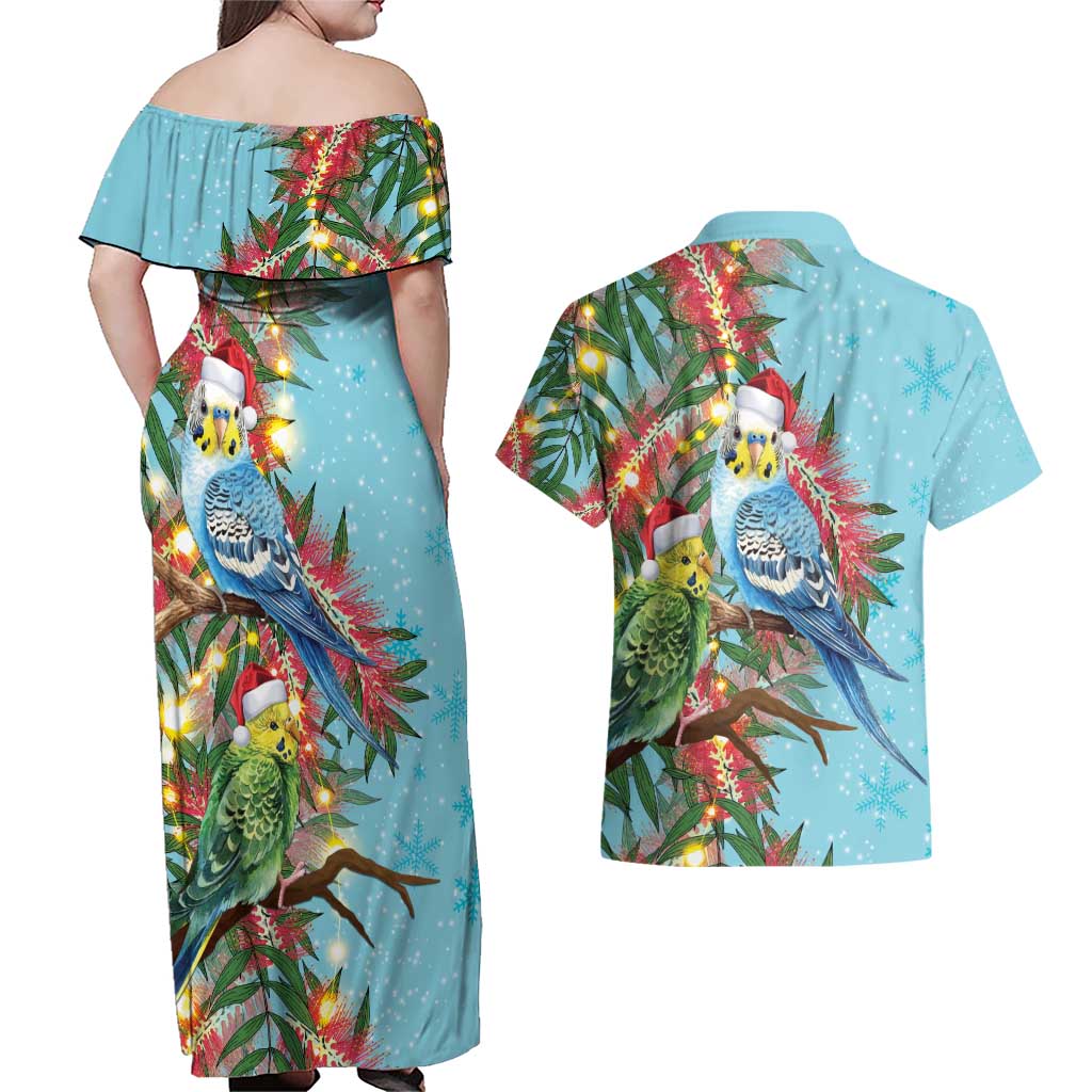 Blue Budgies on Callistemon Couples Matching Off Shoulder Maxi Dress and Hawaiian Shirt Merry Christmas Aussie - Aussie Hoodie