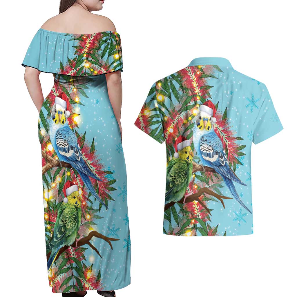 Blue Budgies on Callistemon Couples Matching Off Shoulder Maxi Dress and Hawaiian Shirt Merry Christmas Aussie - Aussie Hoodie