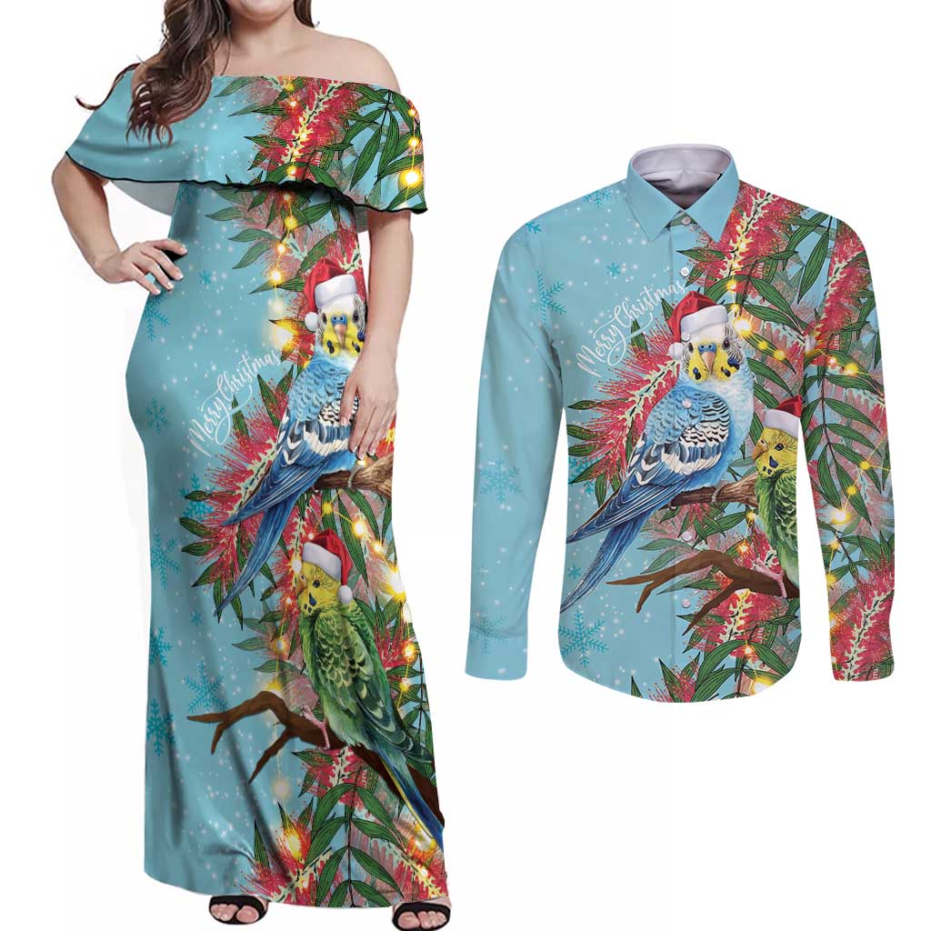 Blue Budgies on Callistemon Couples Matching Off Shoulder Maxi Dress and Long Sleeve Button Shirt Merry Christmas Aussie - Aussie Hoodie