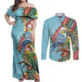 Blue Budgies on Callistemon Couples Matching Off Shoulder Maxi Dress and Long Sleeve Button Shirt Merry Christmas Aussie - Aussie Hoodie