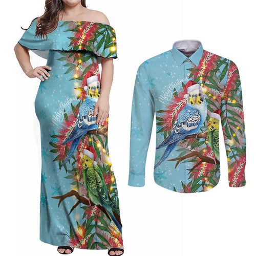Blue Budgies on Callistemon Couples Matching Off Shoulder Maxi Dress and Long Sleeve Button Shirt Merry Christmas Aussie - Aussie Hoodie