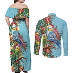 Blue Budgies on Callistemon Couples Matching Off Shoulder Maxi Dress and Long Sleeve Button Shirt Merry Christmas Aussie - Aussie Hoodie