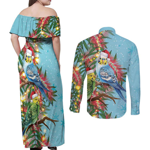 Blue Budgies on Callistemon Couples Matching Off Shoulder Maxi Dress and Long Sleeve Button Shirt Merry Christmas Aussie - Aussie Hoodie