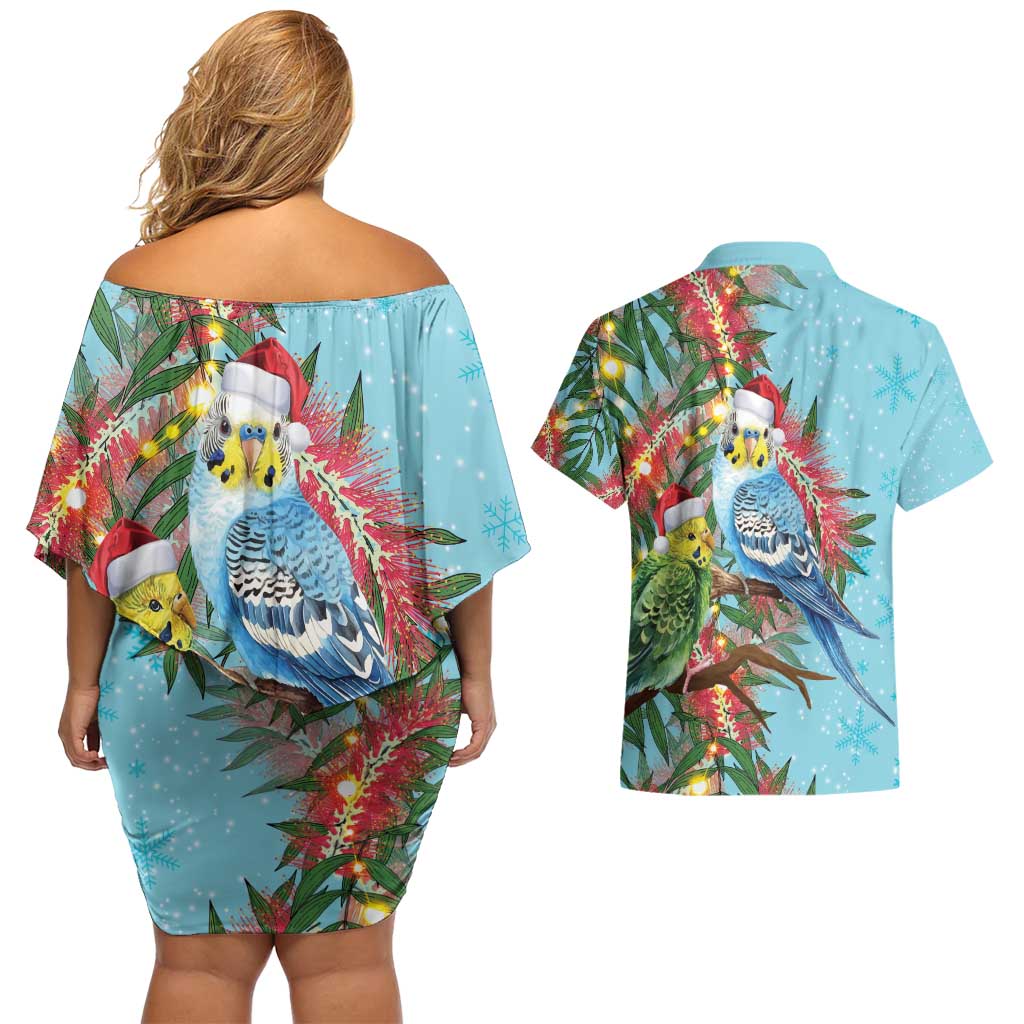 Blue Budgies on Callistemon Couples Matching Off Shoulder Short Dress and Hawaiian Shirt Merry Christmas Aussie - Aussie Hoodie