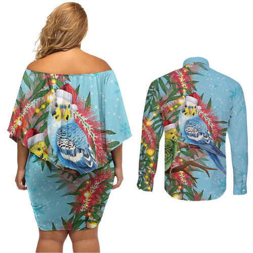 Blue Budgies on Callistemon Couples Matching Off Shoulder Short Dress and Long Sleeve Button Shirt Merry Christmas Aussie - Aussie Hoodie