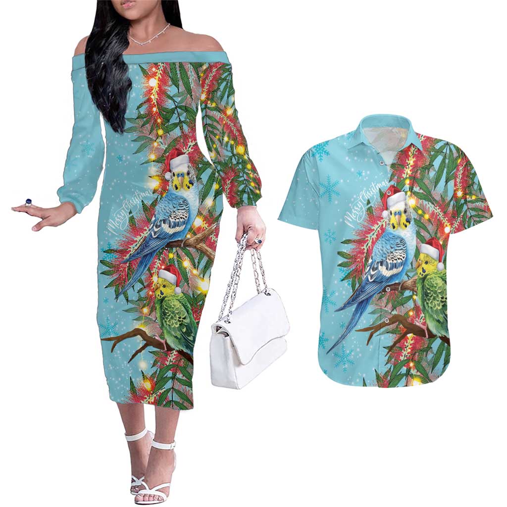 Blue Budgies on Callistemon Couples Matching Off The Shoulder Long Sleeve Dress and Hawaiian Shirt Merry Christmas Aussie - Aussie Hoodie