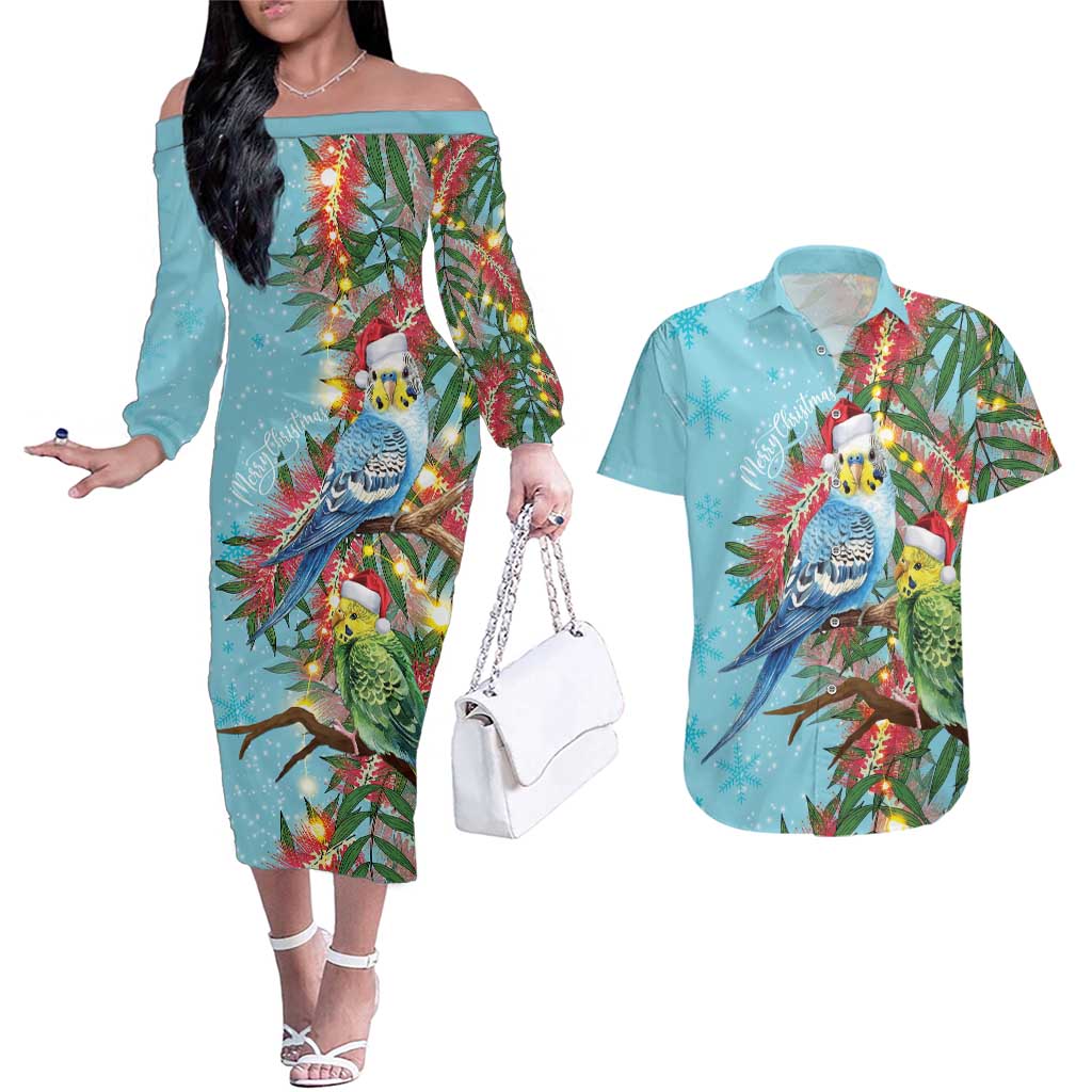 Blue Budgies on Callistemon Couples Matching Off The Shoulder Long Sleeve Dress and Hawaiian Shirt Merry Christmas Aussie - Aussie Hoodie