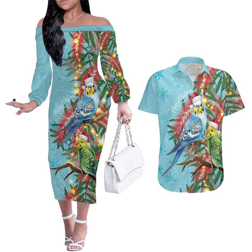 Blue Budgies on Callistemon Couples Matching Off The Shoulder Long Sleeve Dress and Hawaiian Shirt Merry Christmas Aussie - Aussie Hoodie