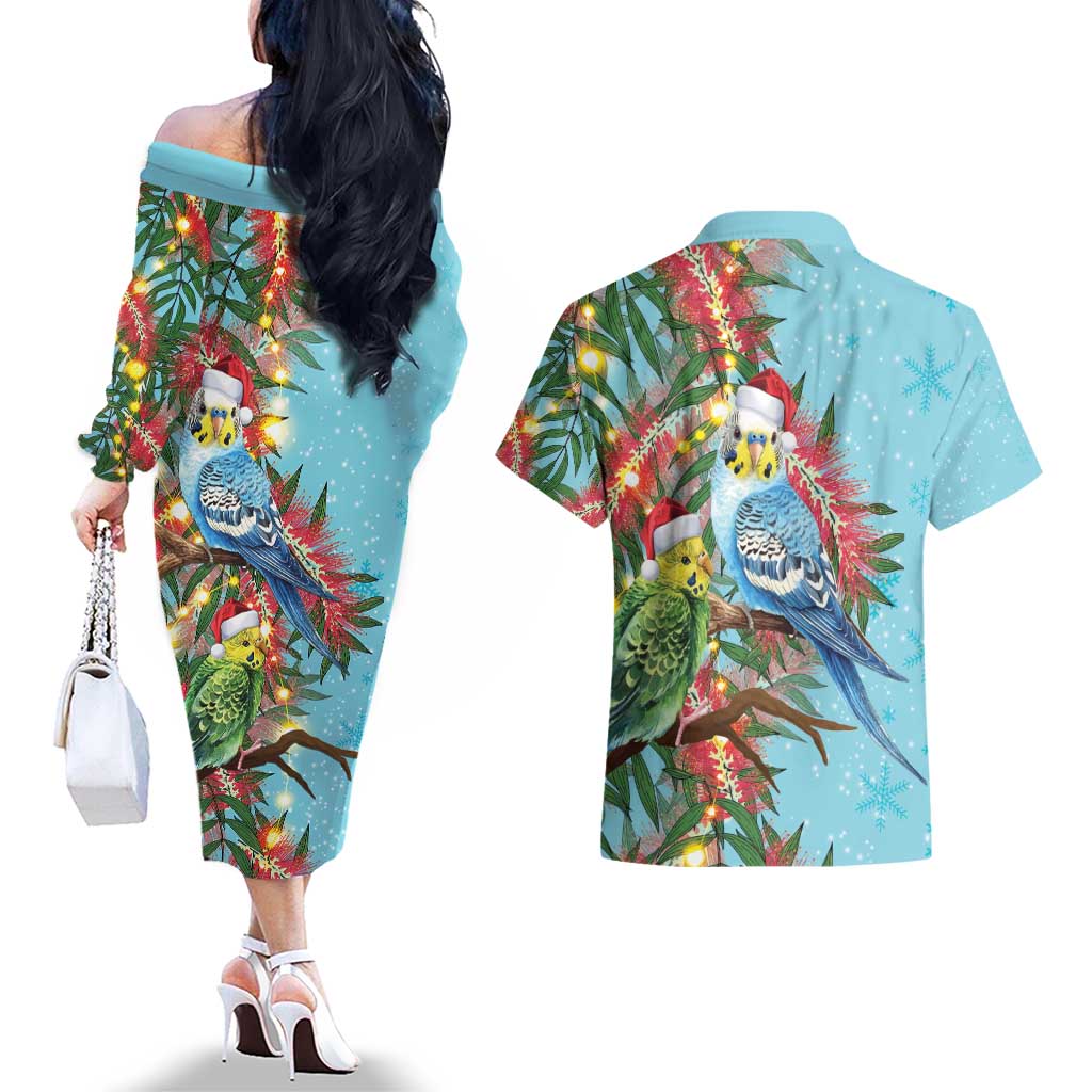 Blue Budgies on Callistemon Couples Matching Off The Shoulder Long Sleeve Dress and Hawaiian Shirt Merry Christmas Aussie - Aussie Hoodie