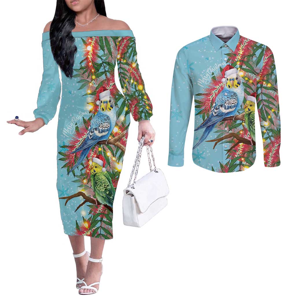 Blue Budgies on Callistemon Couples Matching Off The Shoulder Long Sleeve Dress and Long Sleeve Button Shirt Merry Christmas Aussie - Aussie Hoodie
