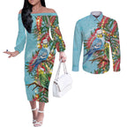 Blue Budgies on Callistemon Couples Matching Off The Shoulder Long Sleeve Dress and Long Sleeve Button Shirt Merry Christmas Aussie - Aussie Hoodie